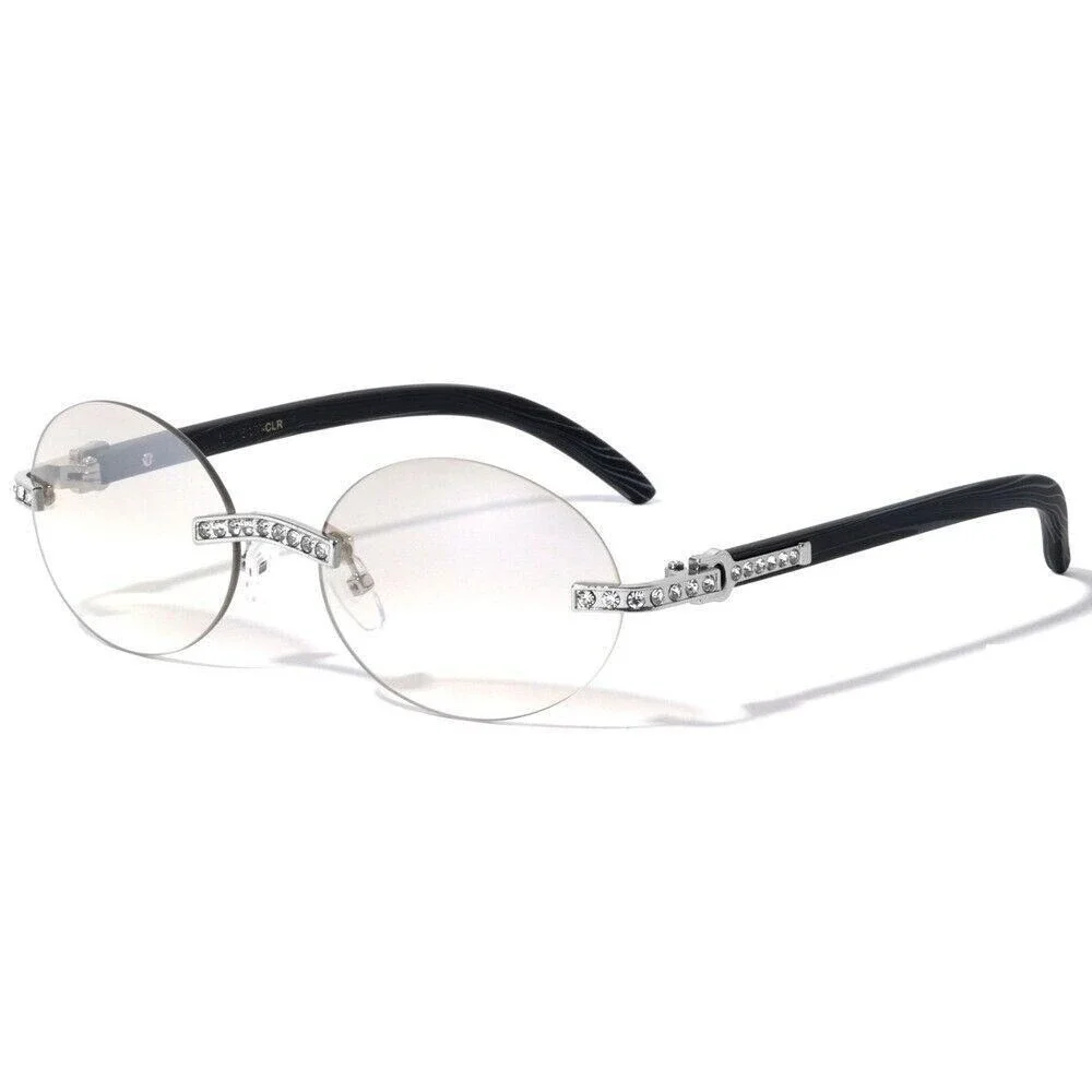Rimless Sunglasses Rhinestone Silver Clear Lens Wood Grain Arm Men‎ Street Wear